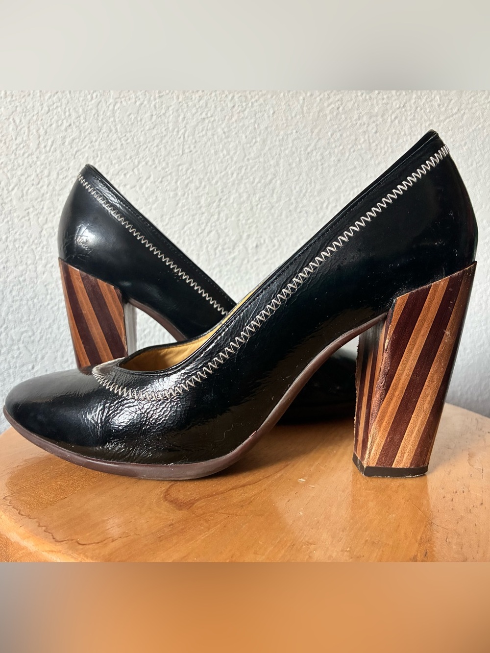 Nicolette- John Fluevog Black Patent, Leather Wrapped Wood Heel- 10